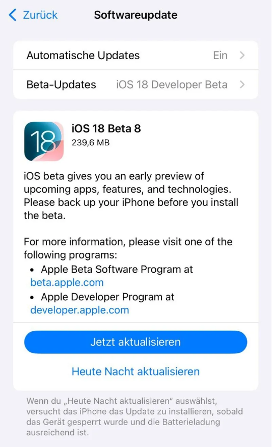 景宁苹果手机维修分享苹果 iOS / iPadOS 18 开发者预览版 Beta 8 发布 